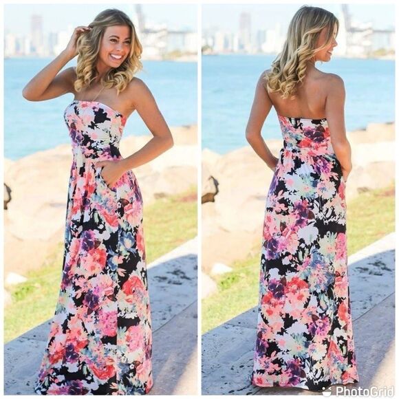 New Strapless Floral Bohemian Maxi Dress with Pockets - Picture 1 of 13